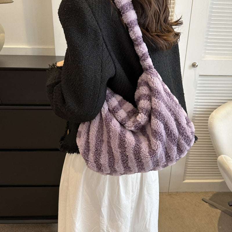 Furry Striped Plush Shoulder Bag for Women - Stylish Winter Fashion Accessory