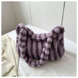 Furry Striped Plush Shoulder Bag for Women - Stylish Winter Fashion Accessory