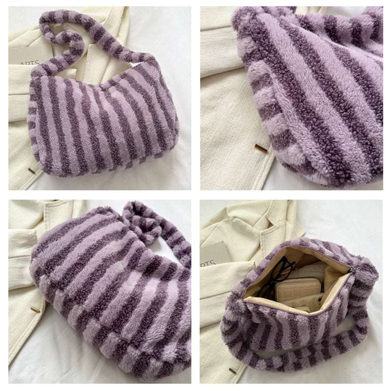 Furry Striped Plush Shoulder Bag for Women - Stylish Winter Fashion Accessory