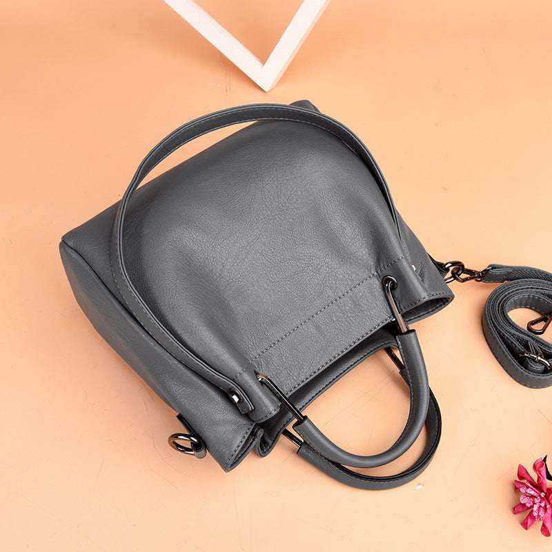 Korean Fashion Retro Bucket Handbag with Soft Leather