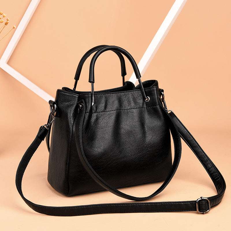 Korean Fashion Retro Bucket Handbag with Soft Leather