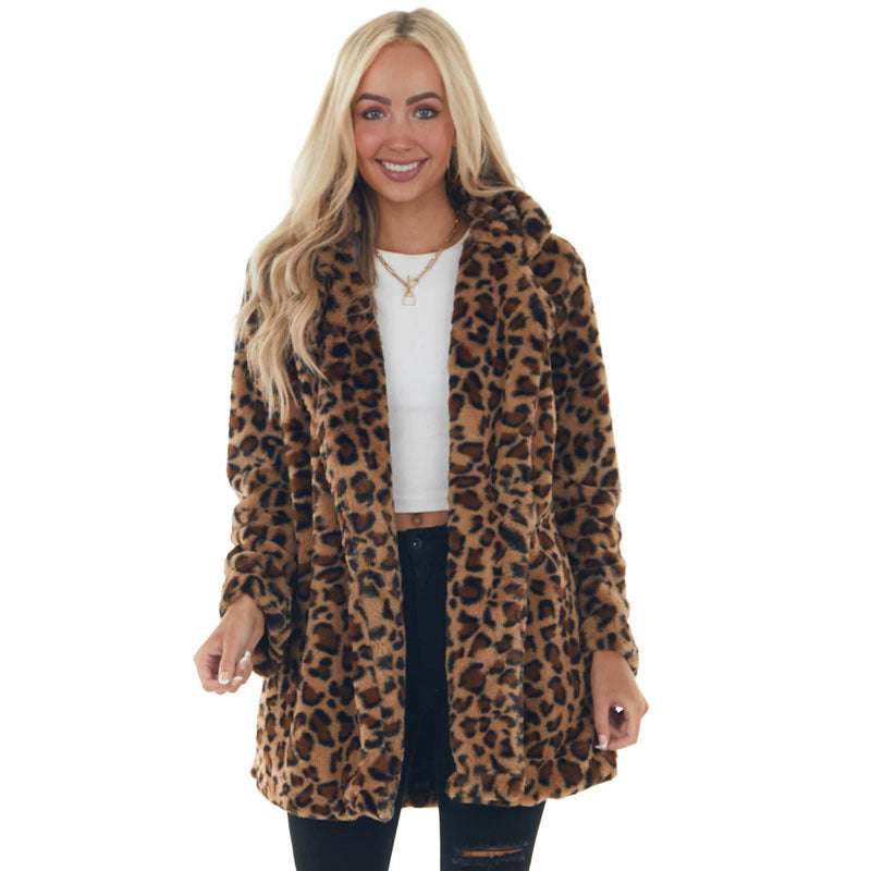 Leopard Print Oversized Faux Fur Coat with Pockets