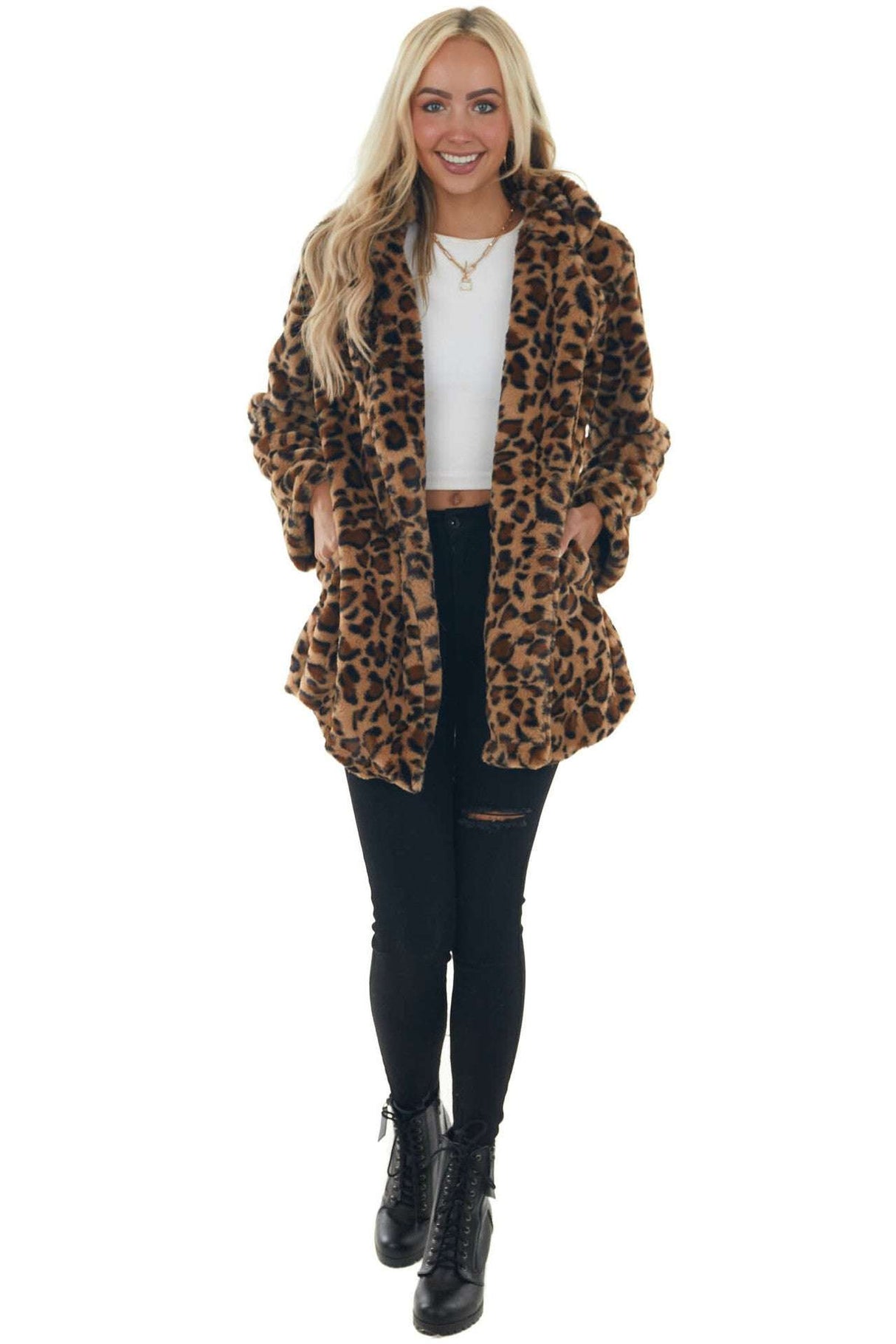 Leopard Print Oversized Faux Fur Coat with Pockets