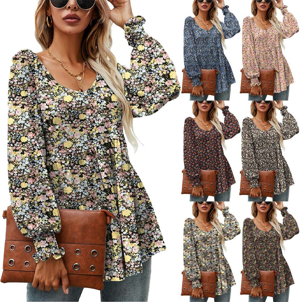 Long Sleeve Flower Printed Casual V-Neck Blouse Top