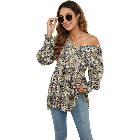 Long Sleeve Flower Printed Casual V-Neck Blouse Top