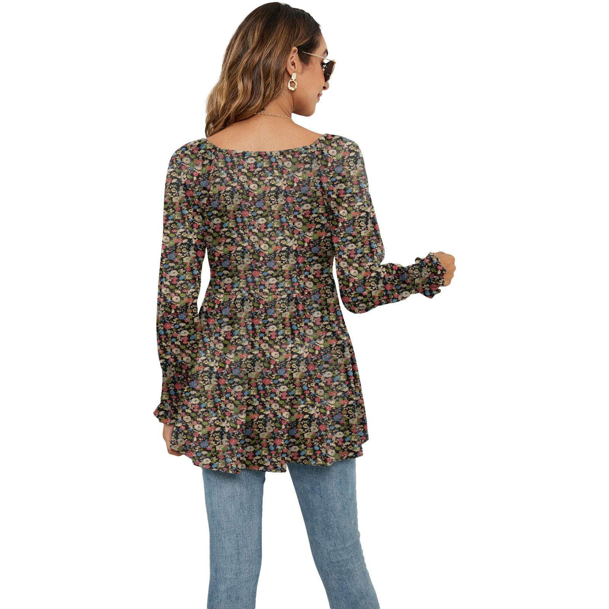 Long Sleeve Flower Printed Casual V-Neck Blouse Top