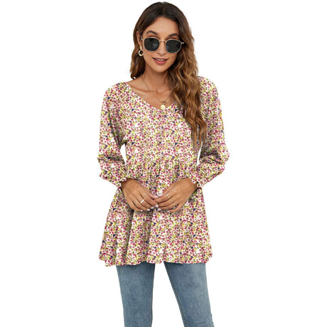 Long Sleeve Flower Printed Casual V-Neck Blouse Top