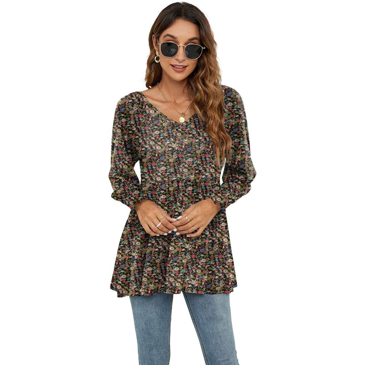 Long Sleeve Flower Printed Casual V-Neck Blouse Top