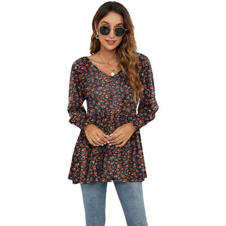 Long Sleeve Flower Printed Casual V-Neck Blouse Top