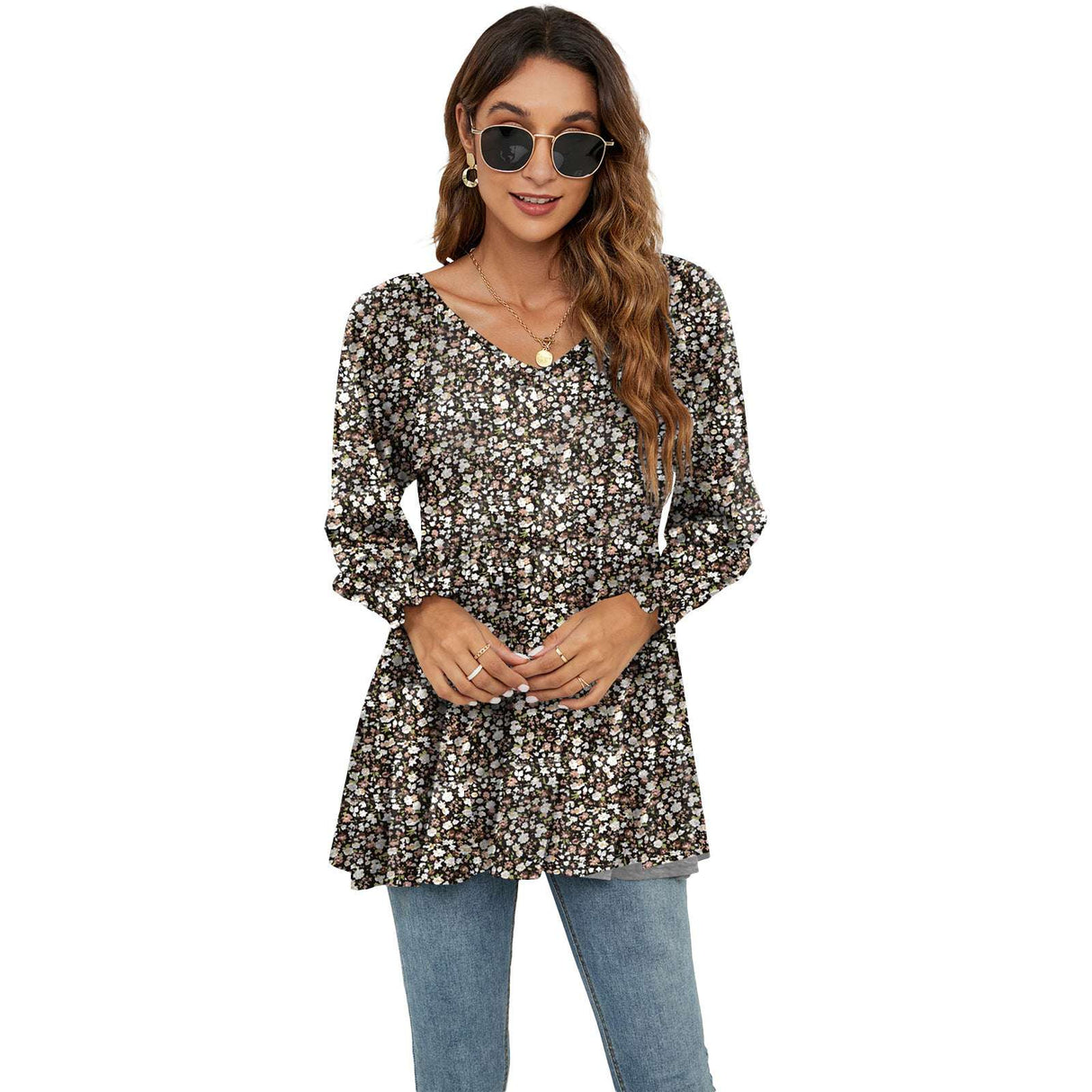 Long Sleeve Flower Printed Casual V-Neck Blouse Top