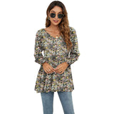 Long Sleeve Flower Printed Casual V-Neck Blouse Top