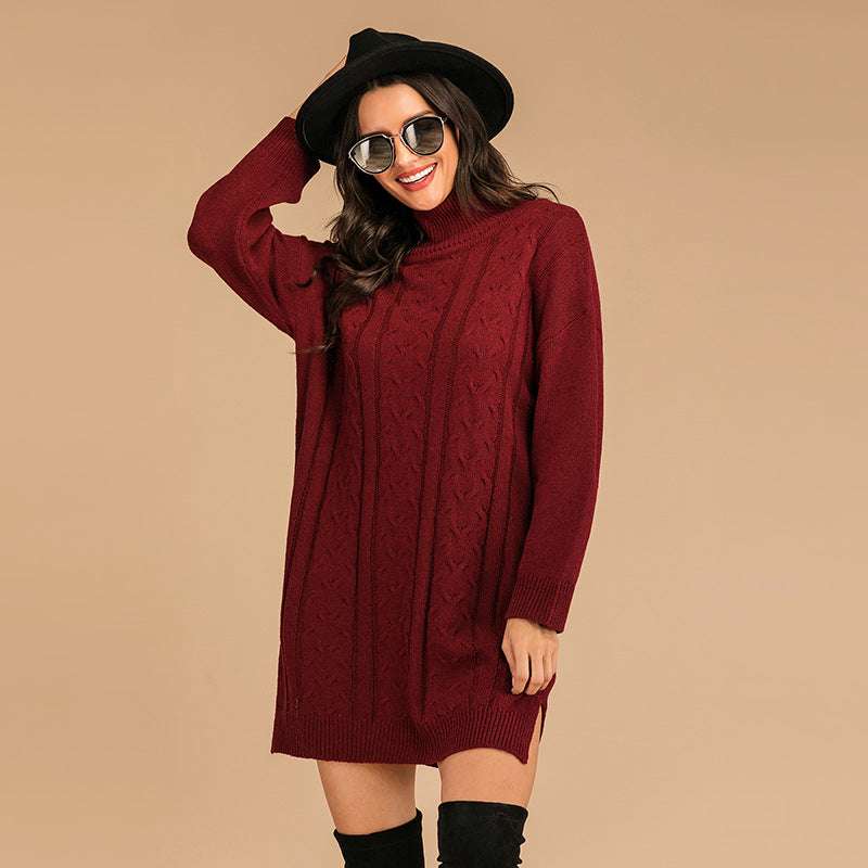 Loose Twist Knitted Mid-length Turtleneck Pullover