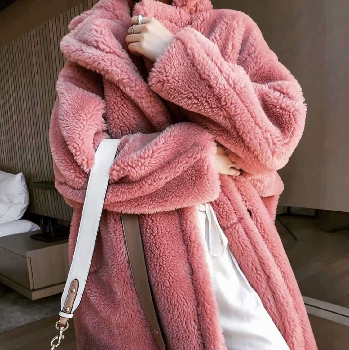 Mid-Length Lamb Fur Coat Trench Coat