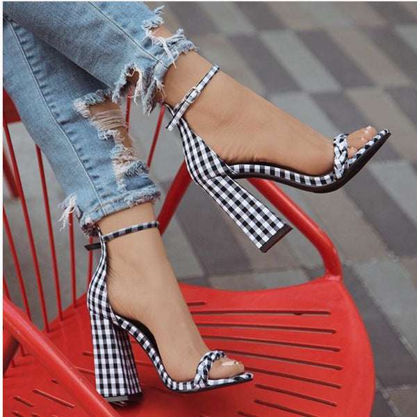 Plaid chunky heel high heel women's shoes