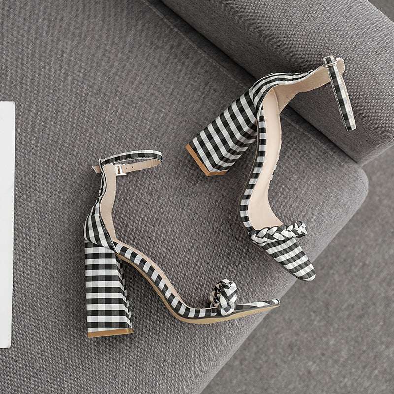 Plaid chunky heel high heel women's shoes