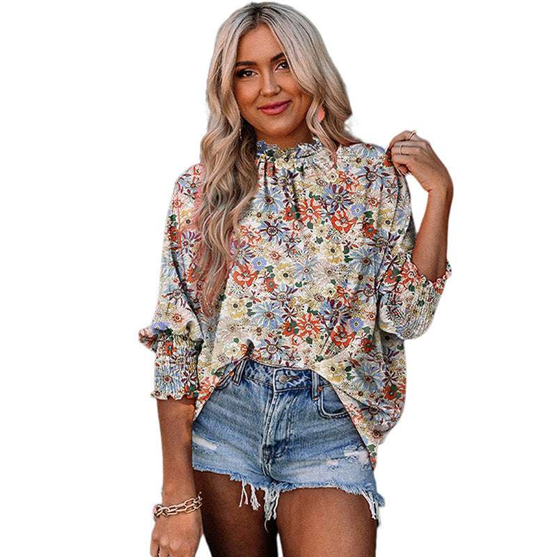 Polyester Floral Print Pullover Women  Thin And All-matching Pleating Long Sleeve Chiffon Shirt