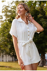 Pure Color Short-sleeved Lapel Tie Jumpsuit