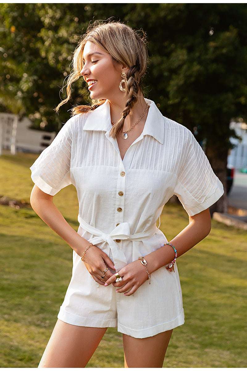 Pure Color Short-sleeved Lapel Tie Jumpsuit