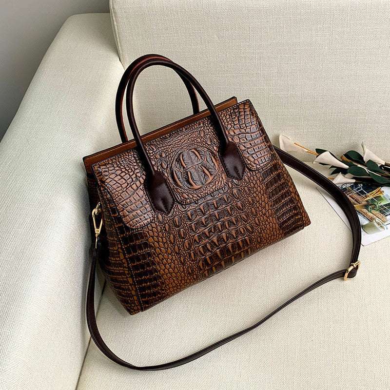 Retro Style Crocodile Pattern Handbag with Multiple Compartments