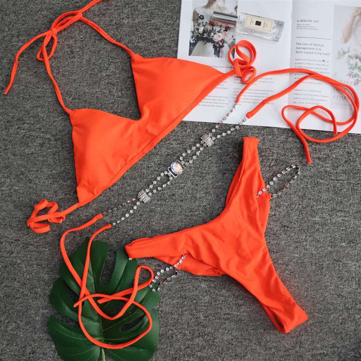 Rhinestone Bikini Solid Colour With Metal Chain