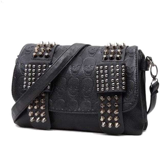 Skull Rivets Vintage Black Leather Messenger Bag