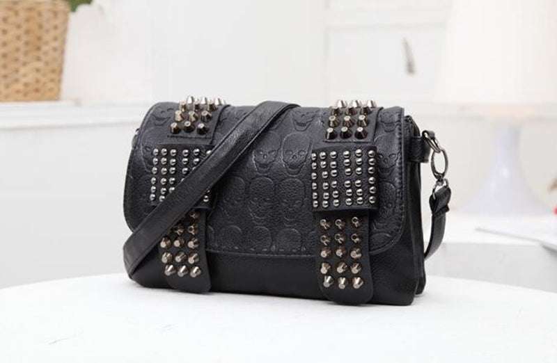 Skull Rivets Vintage Black Leather Messenger Bag