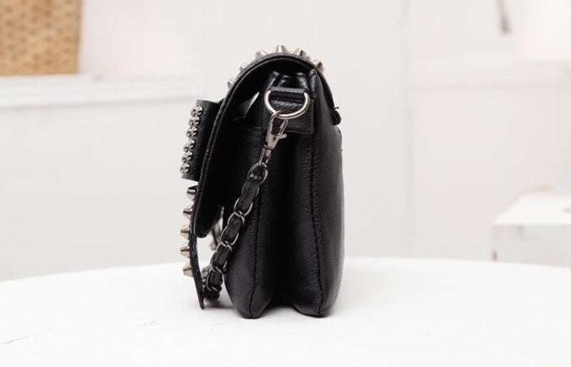 Skull Rivets Vintage Black Leather Messenger Bag