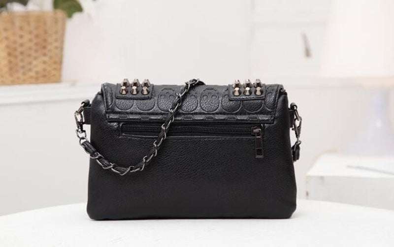 Skull Rivets Vintage Black Leather Messenger Bag