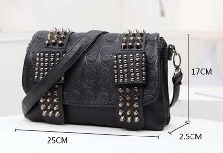 Skull Rivets Vintage Black Leather Messenger Bag