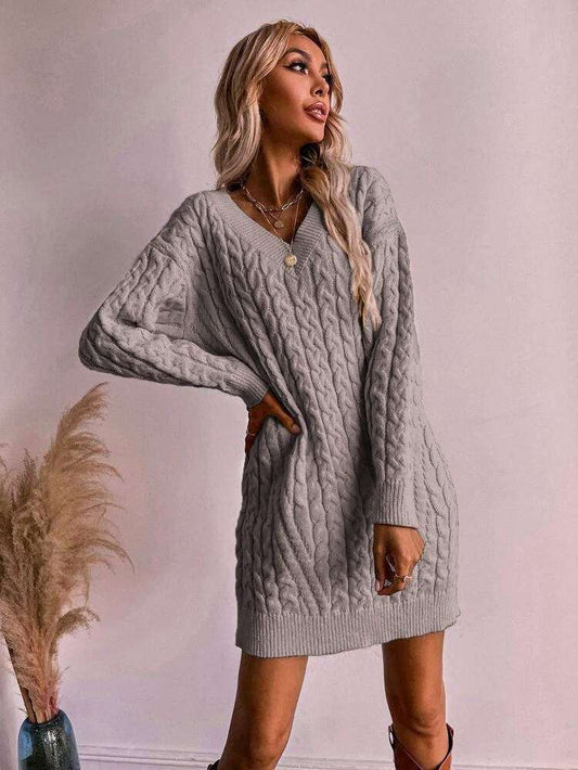 Solid Color And V-neck Pullover Dress Sweater
