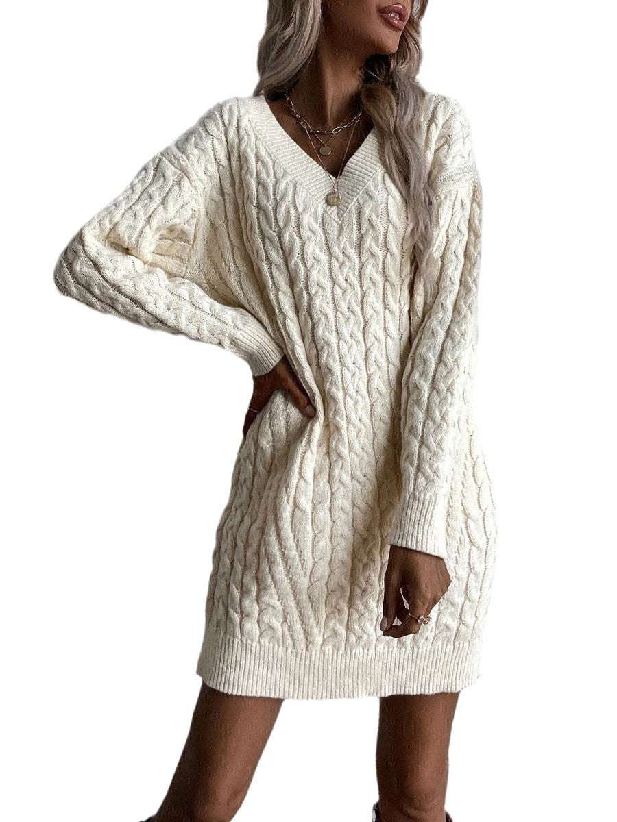 Solid Color And V-neck Pullover Dress Sweater Women's Casual Fashion Mid-length Knitwear