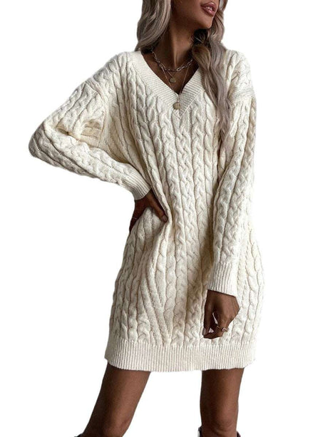 Solid Color And V-neck Pullover Dress Sweater