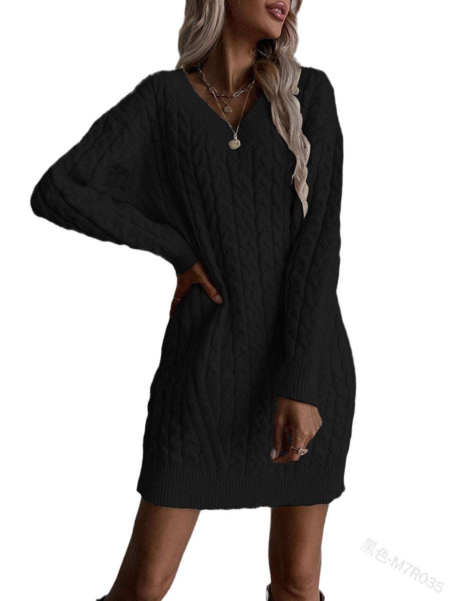 Solid Color And V-neck Pullover Dress Sweater Women's Casual Fashion Mid-length Knitwear
