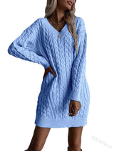 Solid Color And V-neck Pullover Dress Sweater