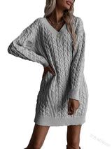 Solid Color And V-neck Pullover Dress Sweater