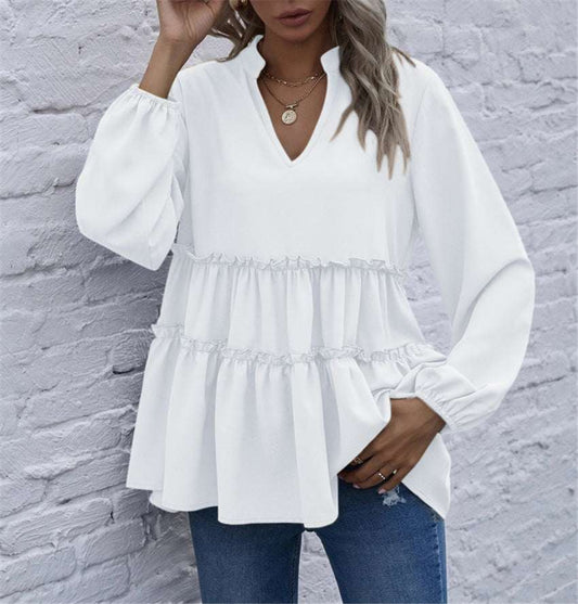 Solid Color And V-neck Ruffled Hem Top