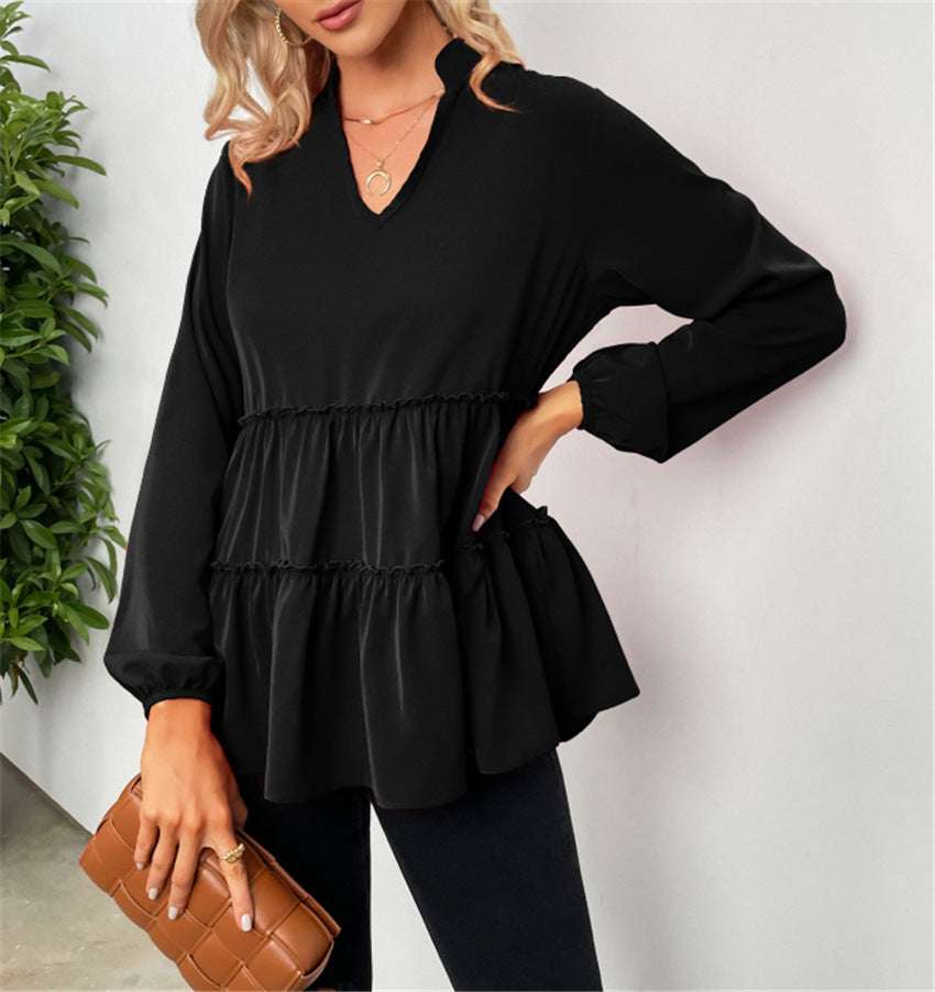 Solid Color And V-neck Ruffled Hem Top