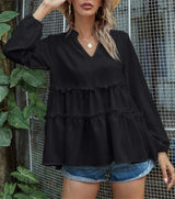 Solid Color And V-neck Ruffled Hem Top