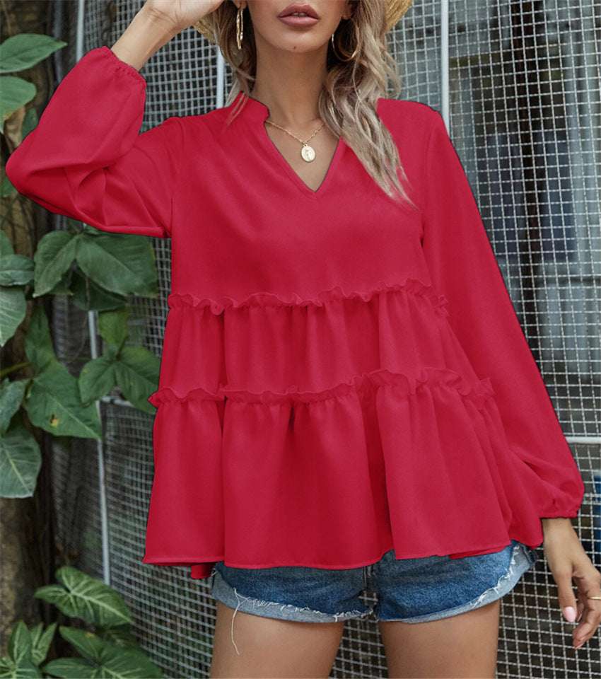 Solid Color And V-neck Ruffled Hem Top