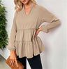 Solid Color And V-neck Ruffled Hem Top