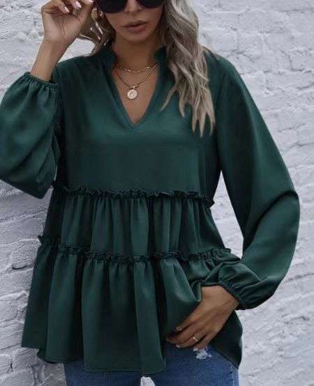 Solid Color And V-neck Ruffled Hem Top