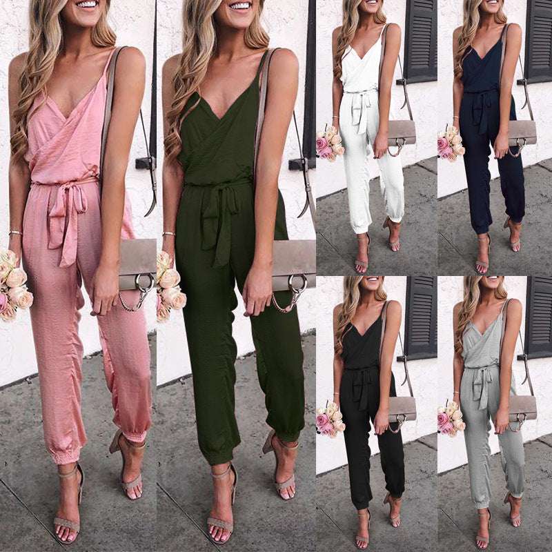 Solid Color Belt Jumpsuit