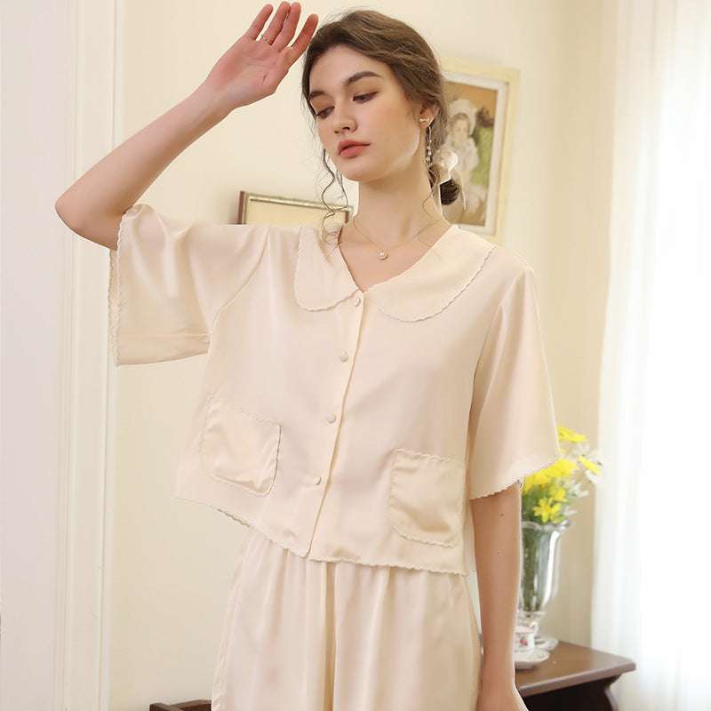 Solid Color Silk Short Sleeve Loungewear Set