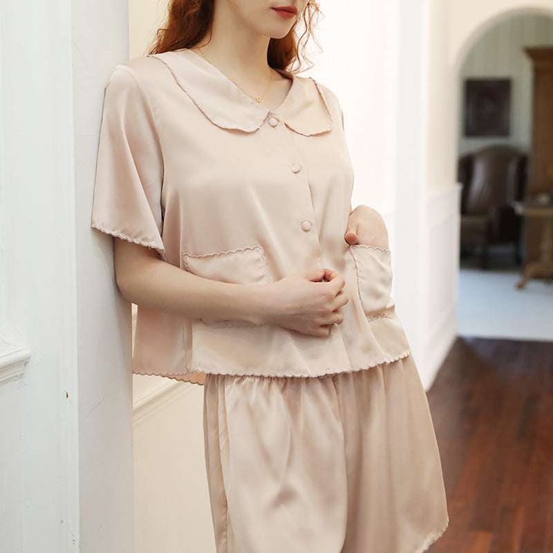 Solid Color Silk Short Sleeve Loungewear Set