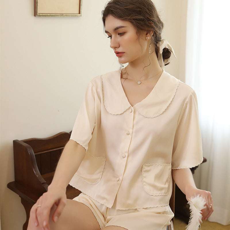 Solid Color Silk Short Sleeve Loungewear Set