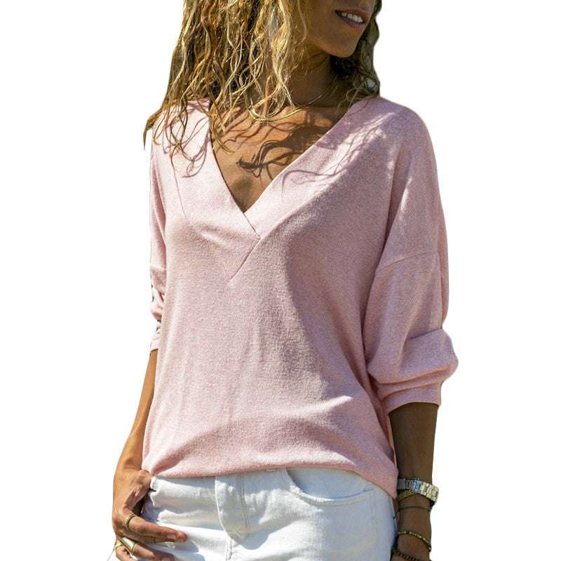 Solid Color V-Neck Long Sleeve Knitted Sweater
