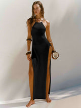 Strappy Halterneck Long Dress With Double Side Slits Design