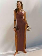 Strappy Halterneck Long Dress With Double Side Slits Design