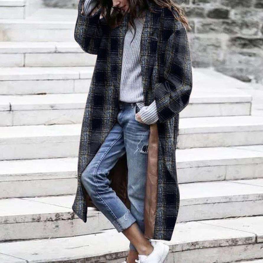 Stylish Black Plaid Long Coat with Buckle