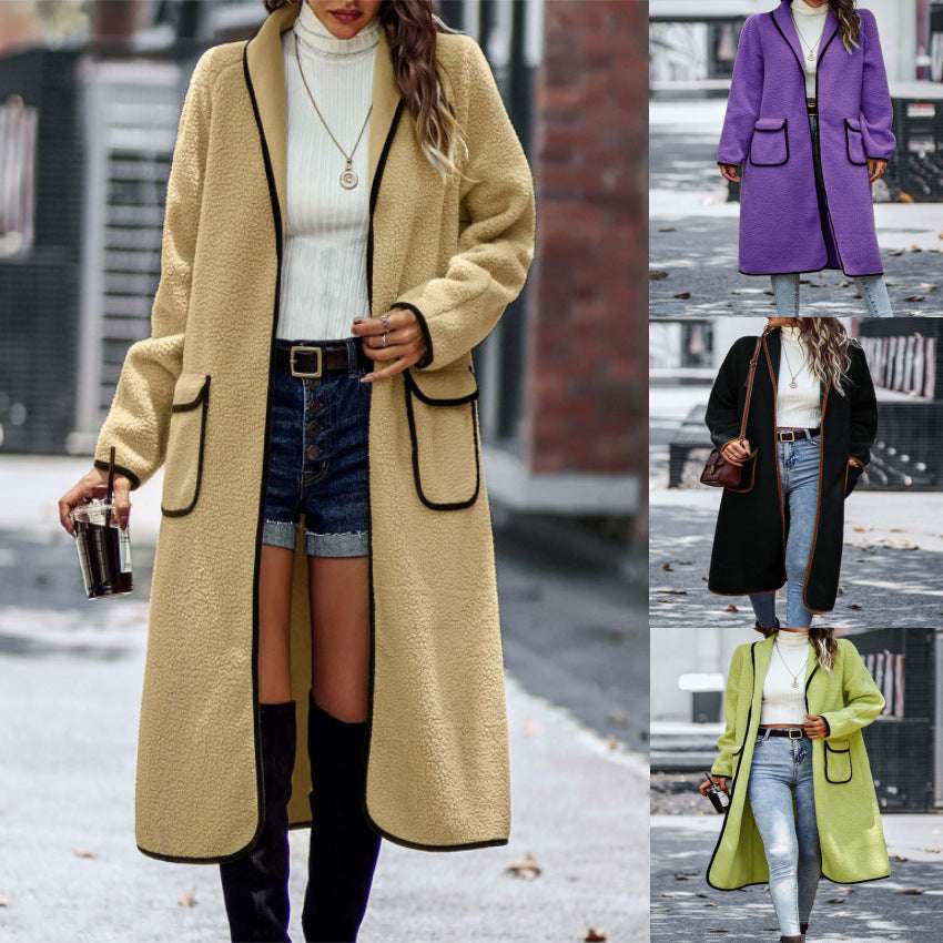 Stylish Color Block Cashmere Long Coat with Pockets